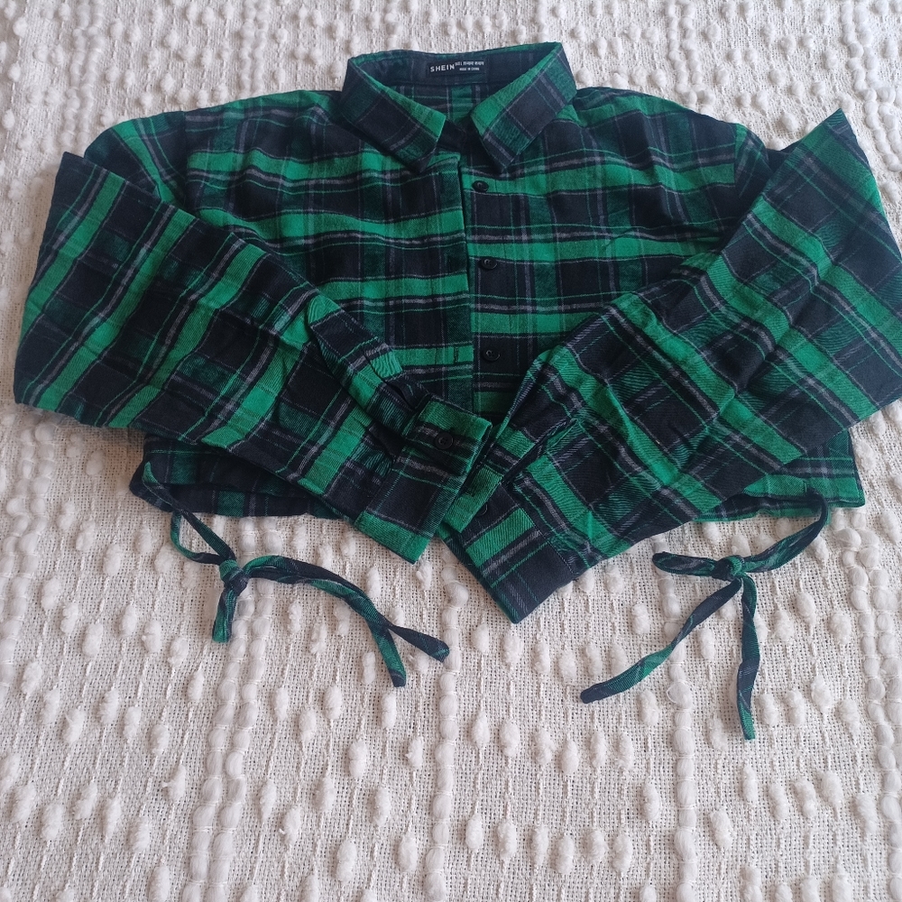 Shein Plaid Ruched Drawstring Crop Top - Picture 2 of 6